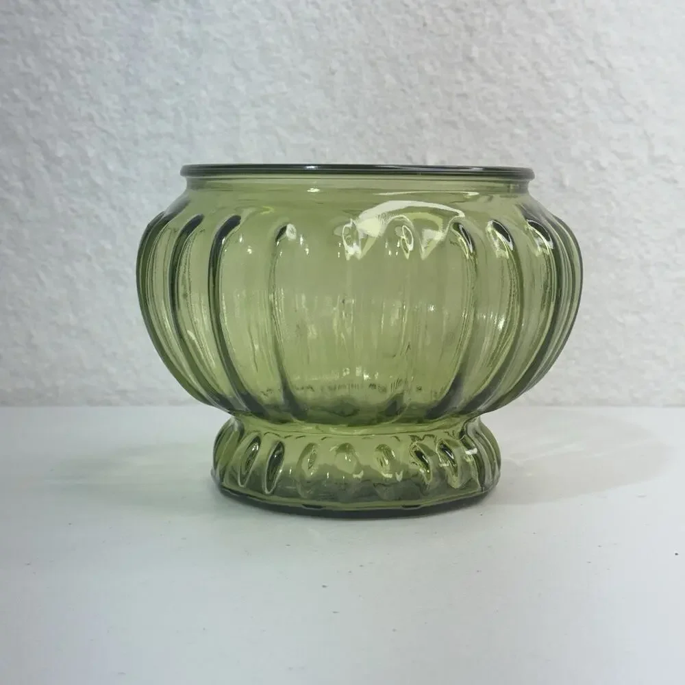 Inarco USA #5443 Olive Green Glass Ribbed Bowl Glass Plant Pot Vase VTG MCM
